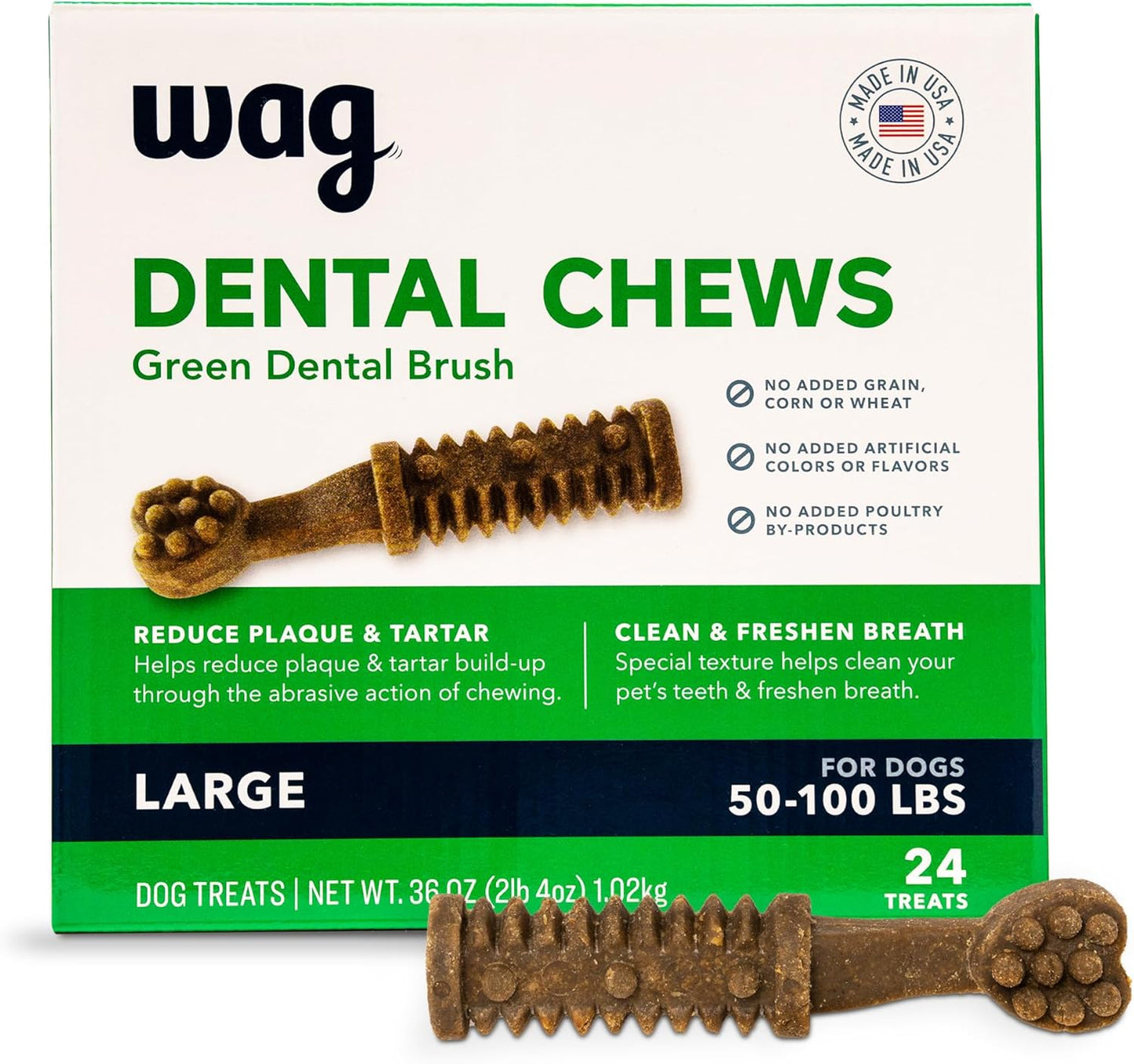 Wag Dog Dental Chews, Large — Green Brush, Unflavored, 24 Count