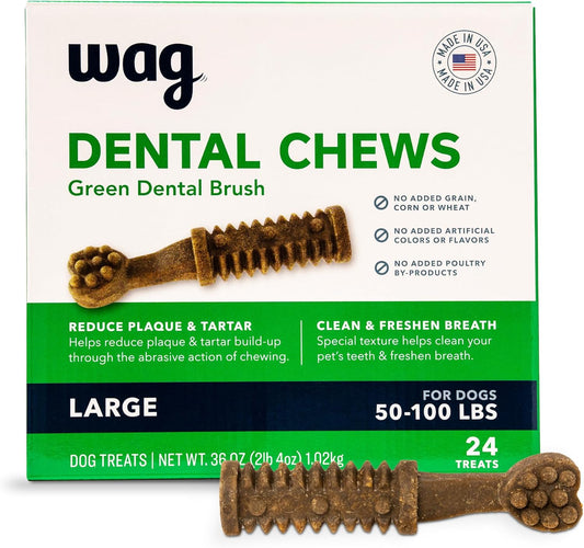 Wag Dog Dental Chews, Large — Green Brush, Unflavored, 24 Count